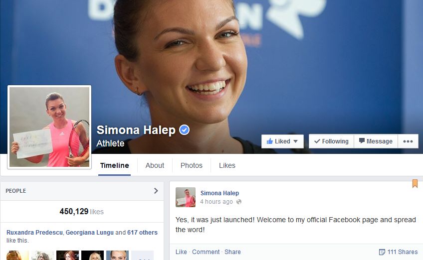 Simona Halep are pagina oficiala de Facebook